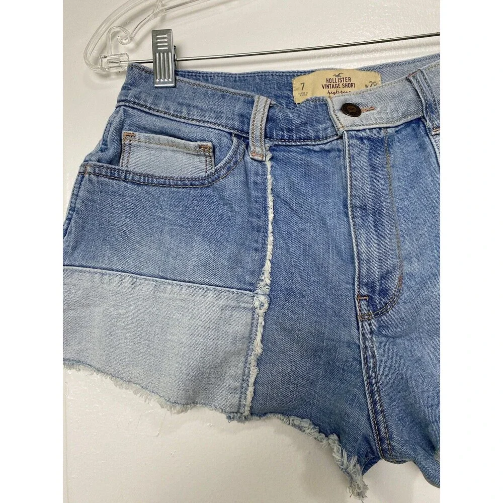 Hollister Blue Denim Vintage Shorts Size 28 Womens High Rise Cut Off Color Block